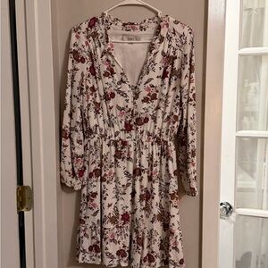 LOFT Cream Long-Sleeve Floral V-Neck Dress with Red and Brown Blossoms